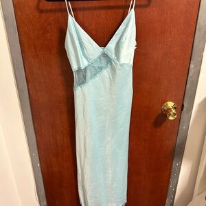 Elegant Blue Lace Trim Satin Dress